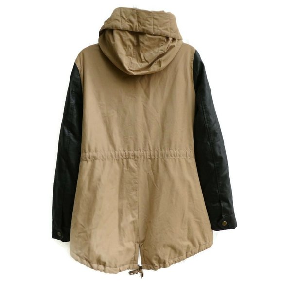 Steve Madden Jacket Cargo Safari Contrasting Faux Leather Sleeves Quilted Hood M - Picture 3 of 9